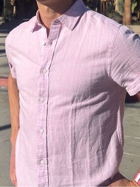 SIZE M | Men's Linen Blend Pink Short Sleeve Shirt | Banana Republic